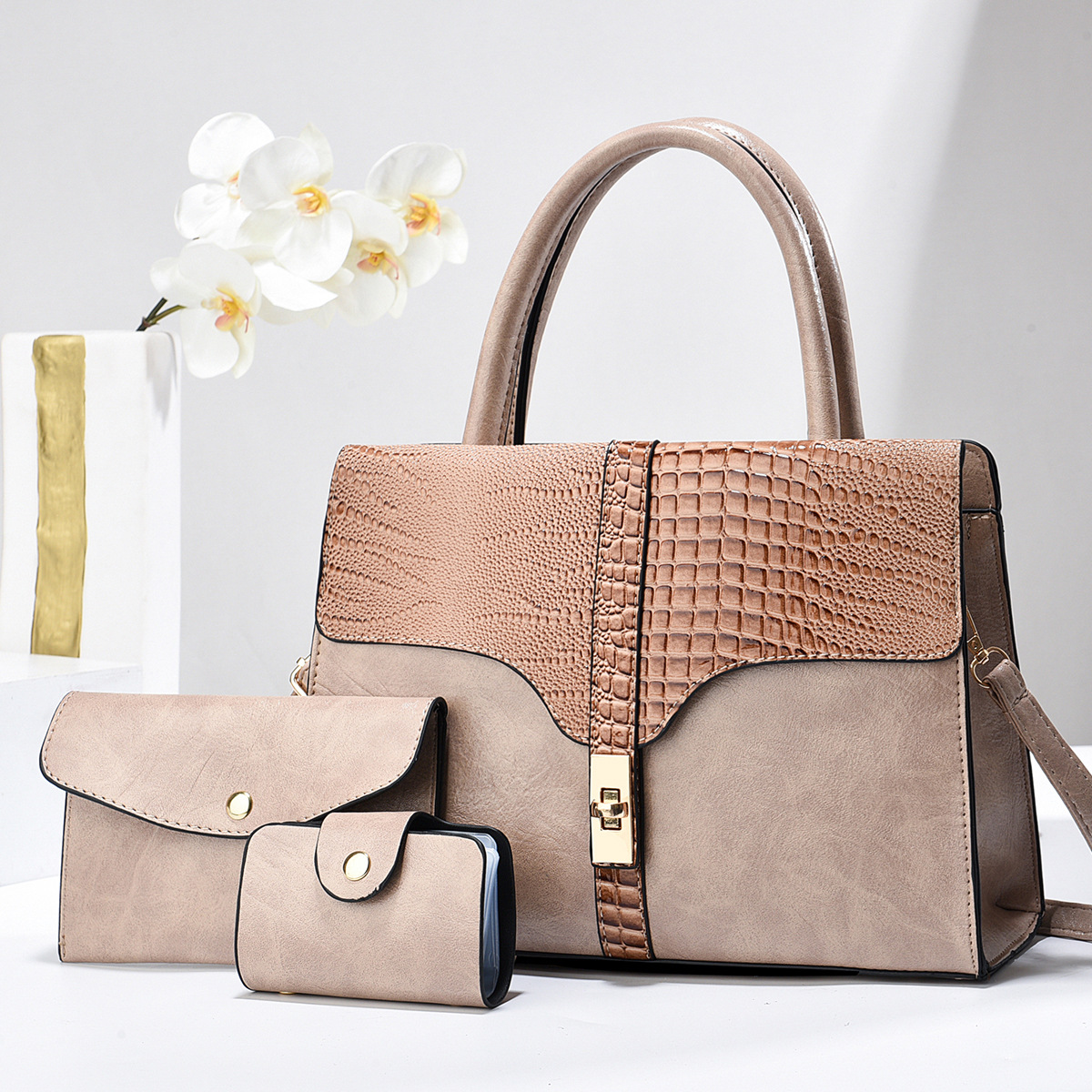 Stylish Pattern Leather Tote Womens 3-Piece Handbag Set with Wallet